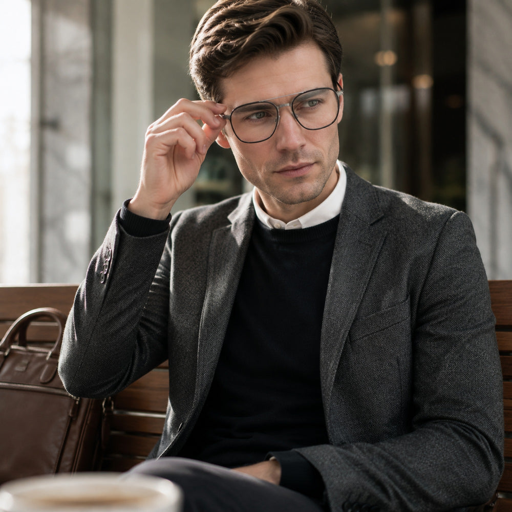 Augustin — Men's Square Titanium Eyeglasses, Silver & Black