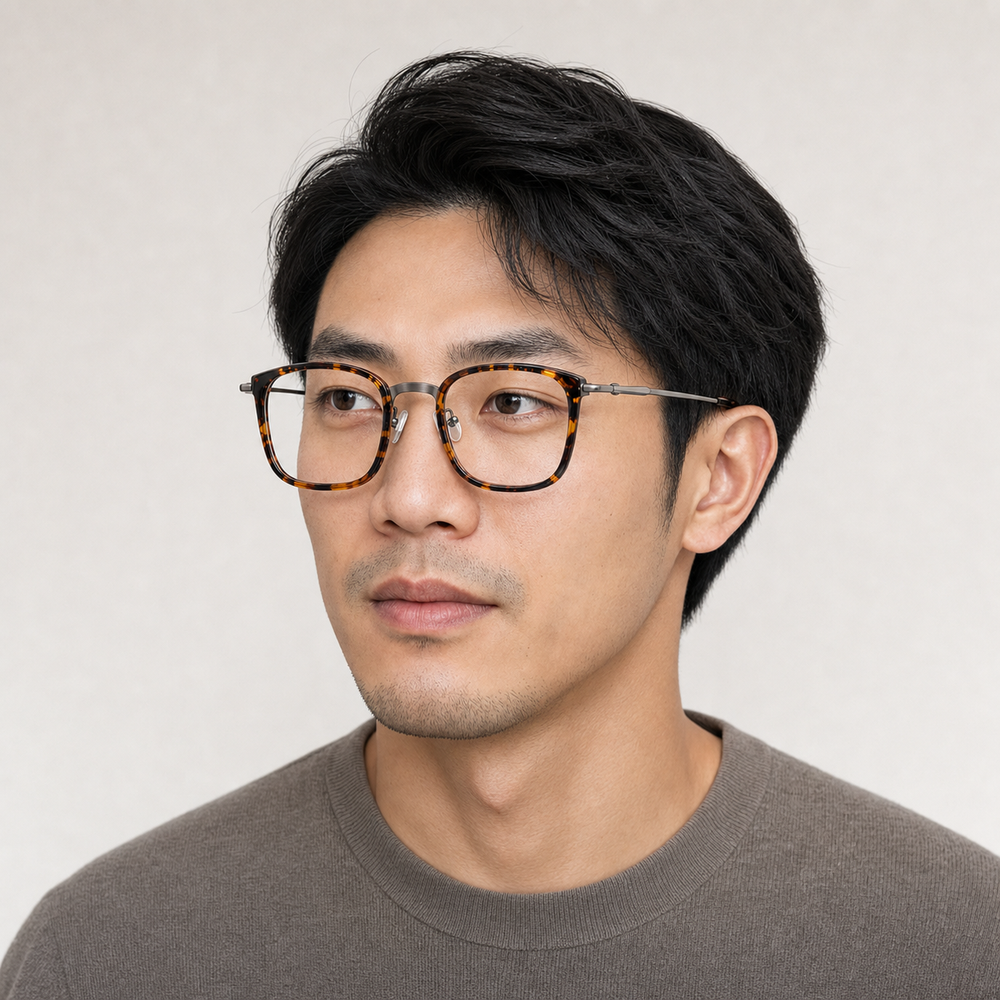 Armand eyewear, three-quarter side view showing the temple and hinge