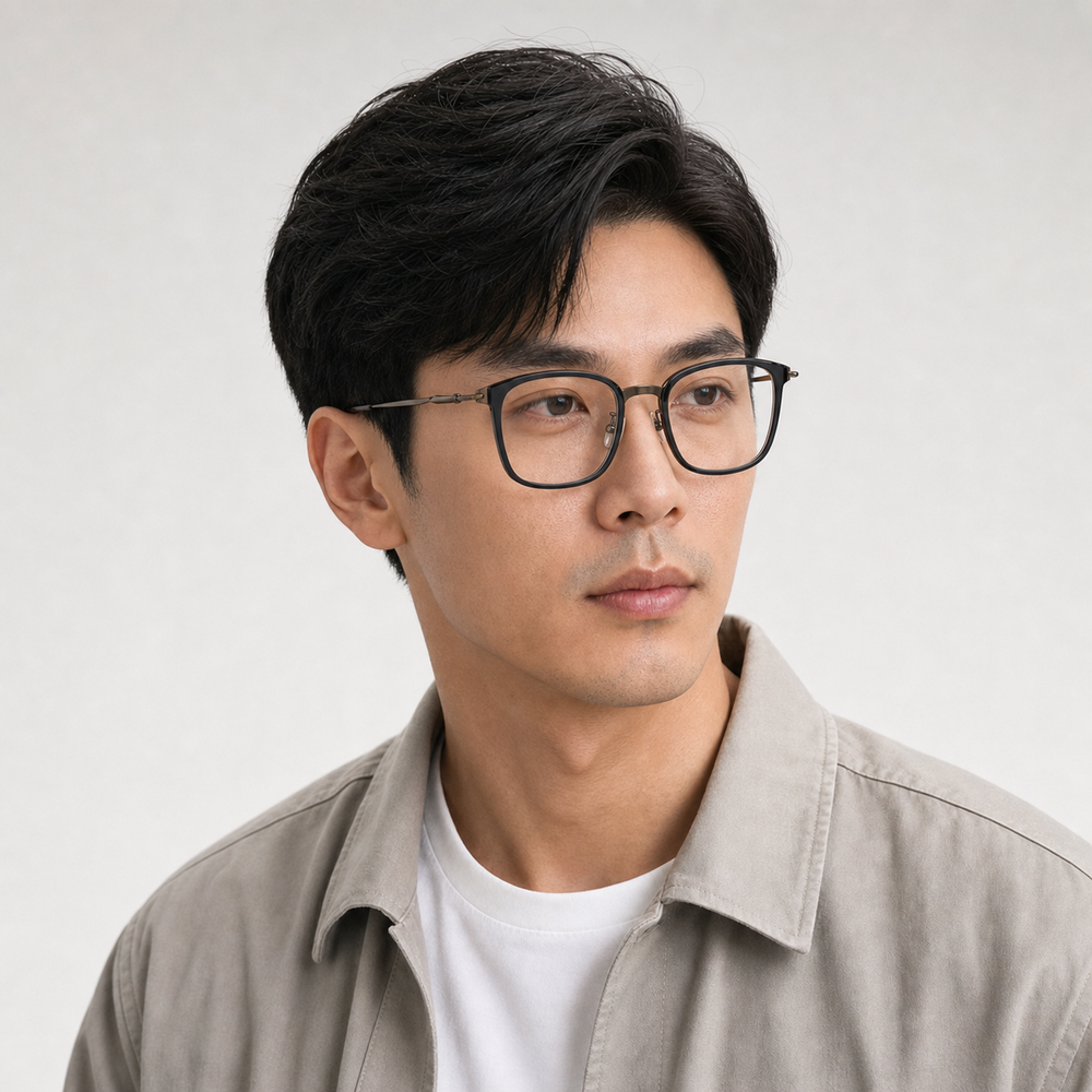 Auguste eyewear, three-quarter side view showing the temple and hinge