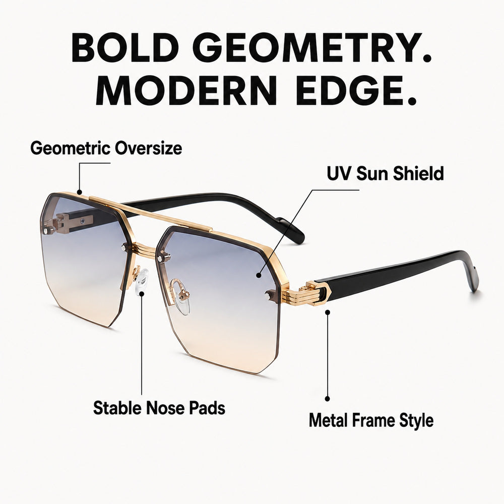 Octave — Oversized Geometric Rimless Sunglasses, Gold & Blue Gradient