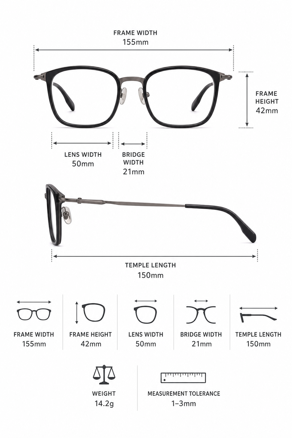Bastien eyewear, frame dimensions and measurements guide