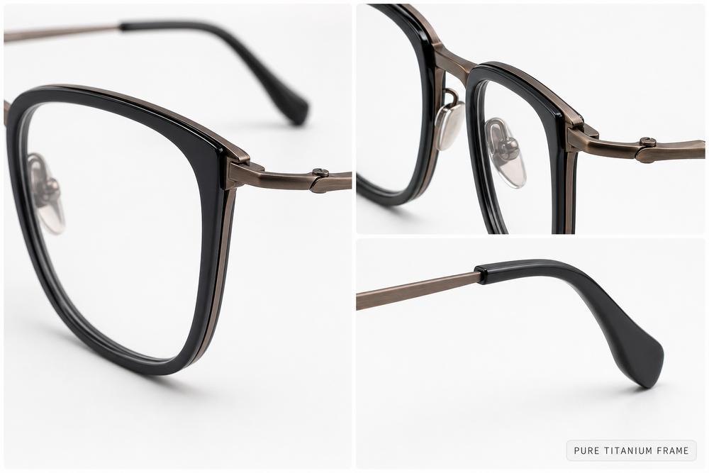 Auguste eyewear, close-up of the pure titanium frame, temple, and hinge construction