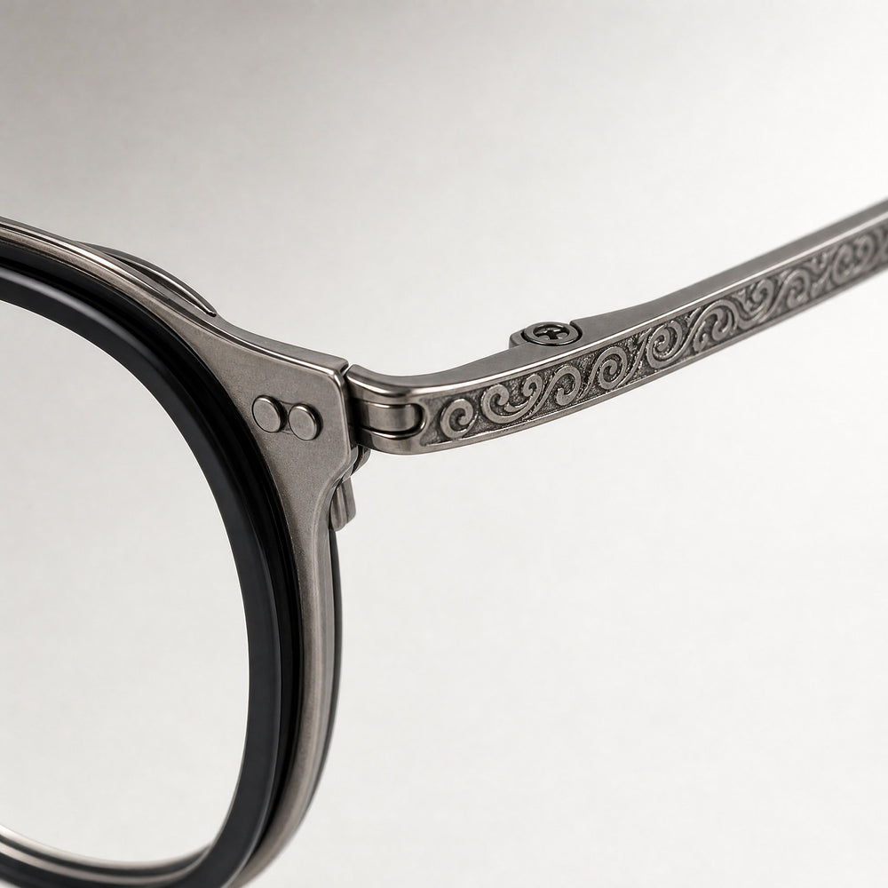Jules eyewear, close-up of the frame, temple, and hinge construction