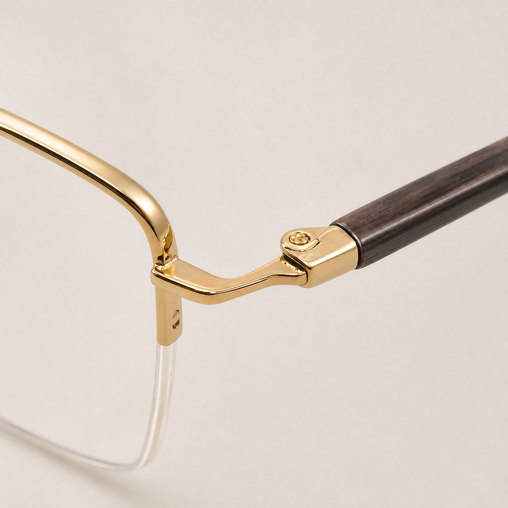 Clément eyewear, close-up of the frame, temple, and hinge construction