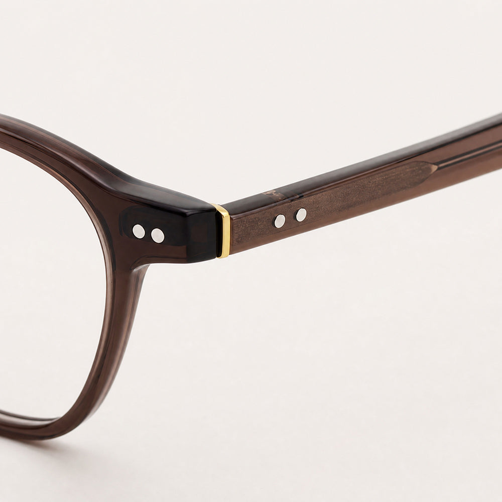 Victor eyewear, close-up of the frame, temple, and hinge construction