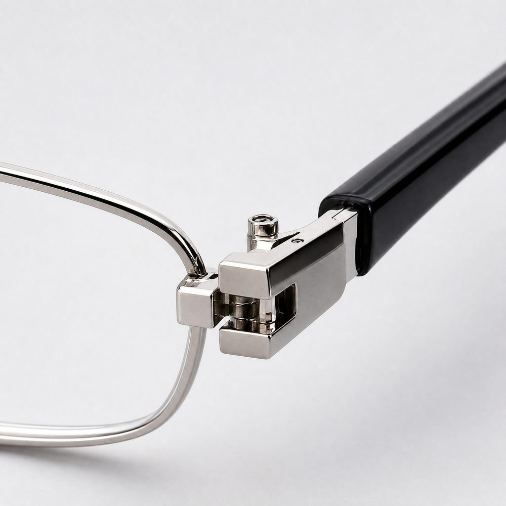 Vianney eyewear, close-up of the frame, temple, and hinge construction