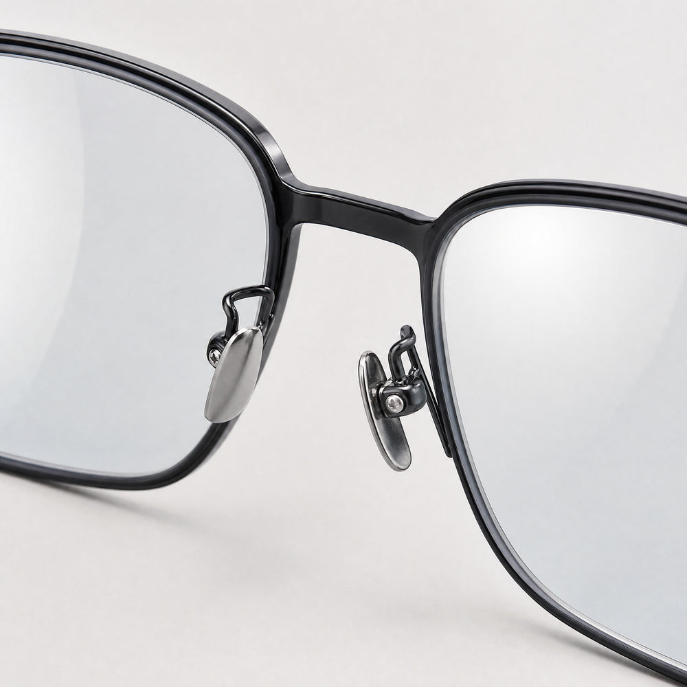 Damien eyewear, close-up of the lenses and nose pad details