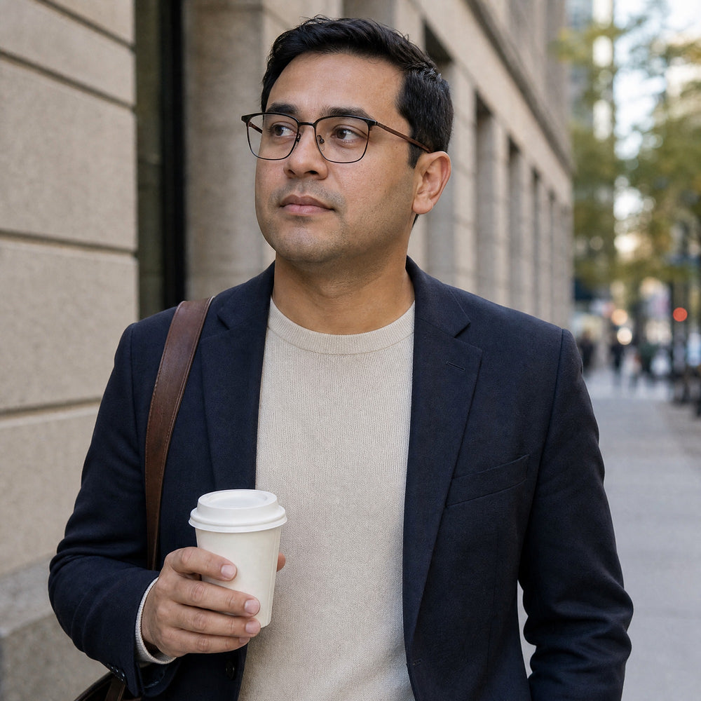 Alphonse eyewear, eyewear worn in an everyday lifestyle setting