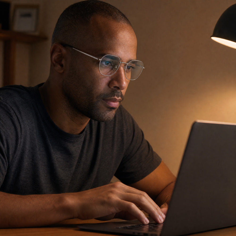 Adrien eyewear, eyewear worn in a second everyday lifestyle setting