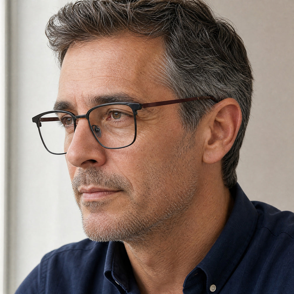 Alphonse eyewear, three-quarter side view showing the temple and hinge
