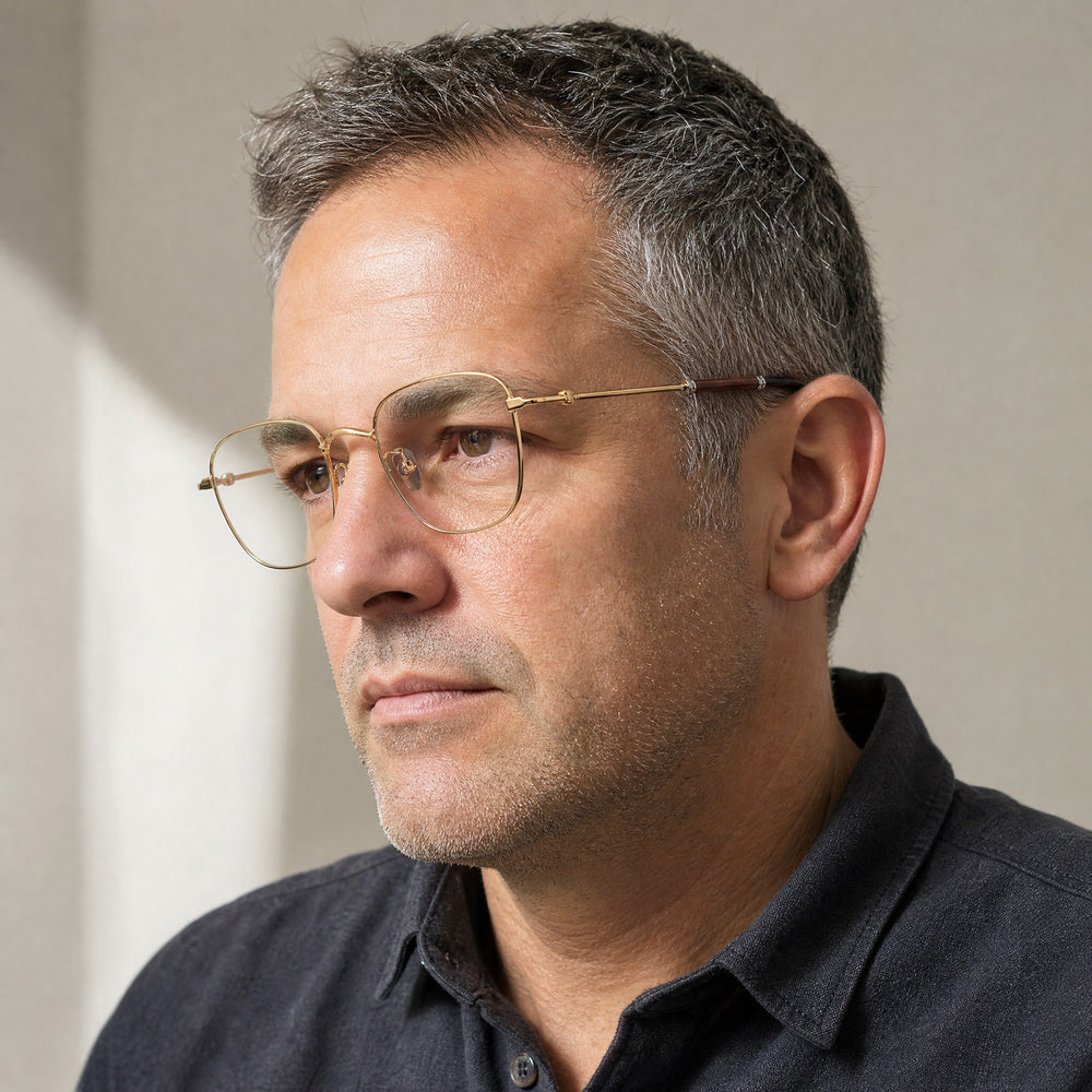 Thierry eyewear, three-quarter side view showing the temple and hinge
