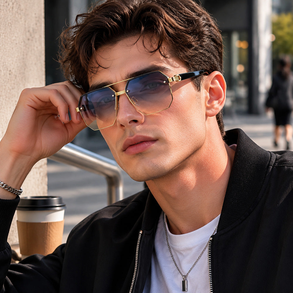 Octave — Oversized Geometric Rimless Sunglasses, Gold & Blue Gradient