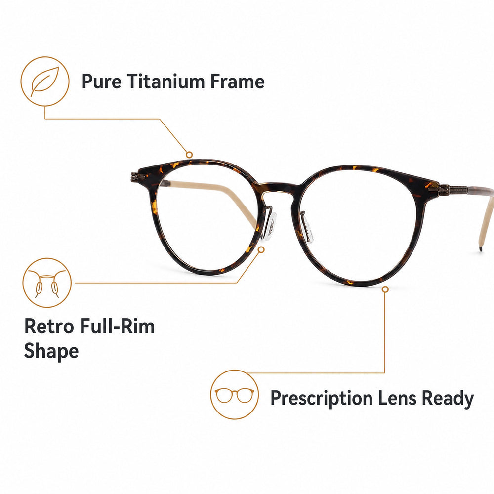 Pure titanium full-rim prescription-ready frame features
