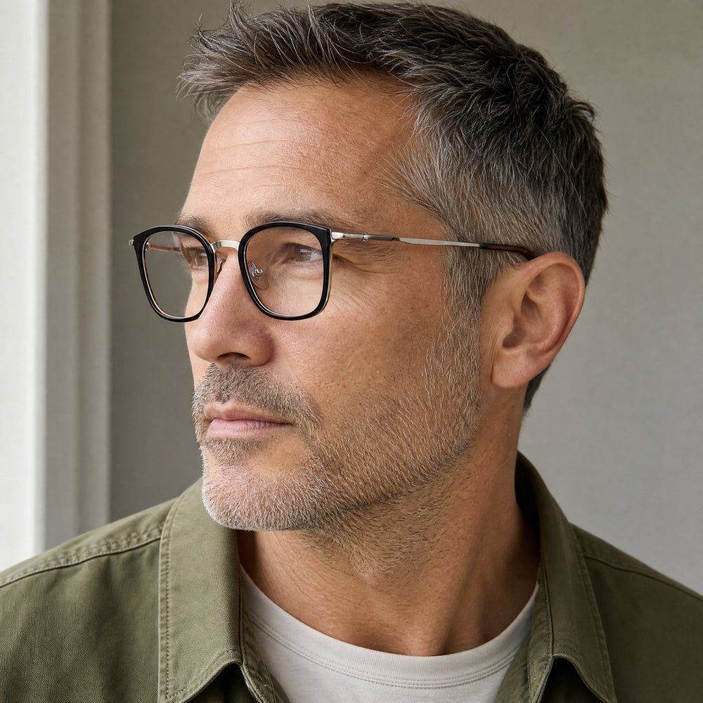 Anatole eyewear, three-quarter side view showing the temple and hinge