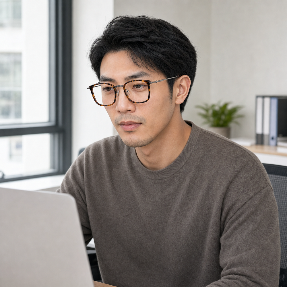 Armand eyewear, worn in a bright daytime office