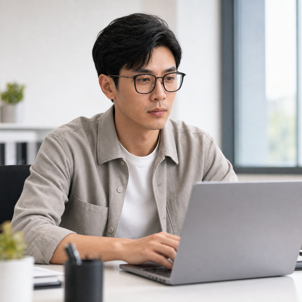 Auguste eyewear, worn in a bright daytime office