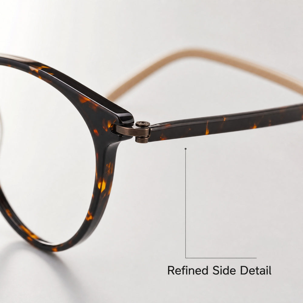 Hinge and slim temple detail on tortoiseshell eyeglasses
