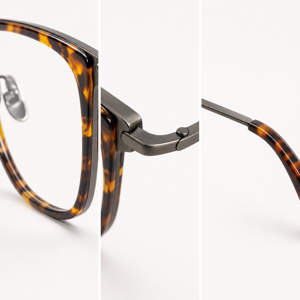 Armand eyewear, close-up of the frame, temple, and hinge construction