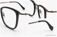 Auguste eyewear, close-up of the pure titanium frame, temple, and hinge construction