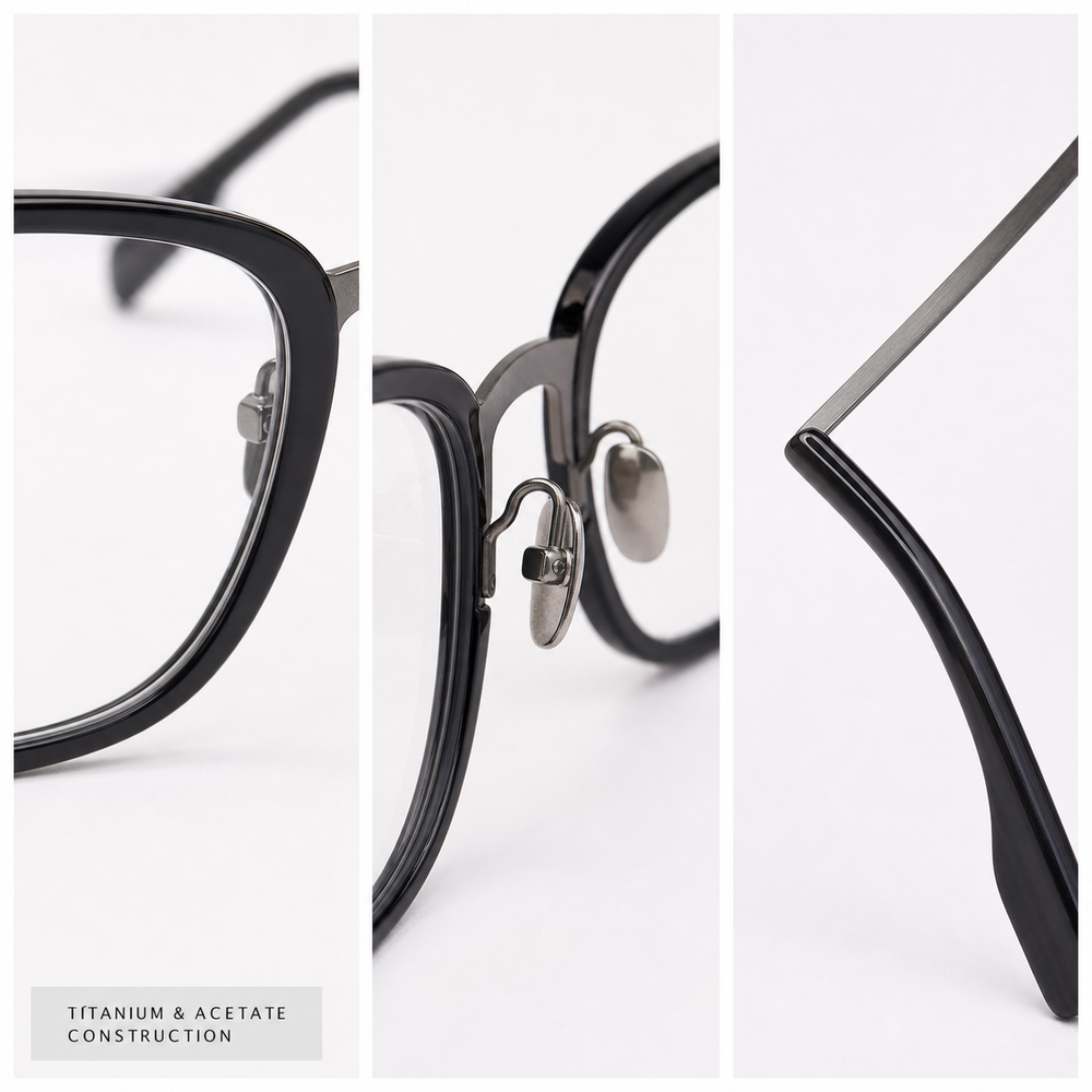 Bastien eyewear, close-up of the titanium and acetate frame construction