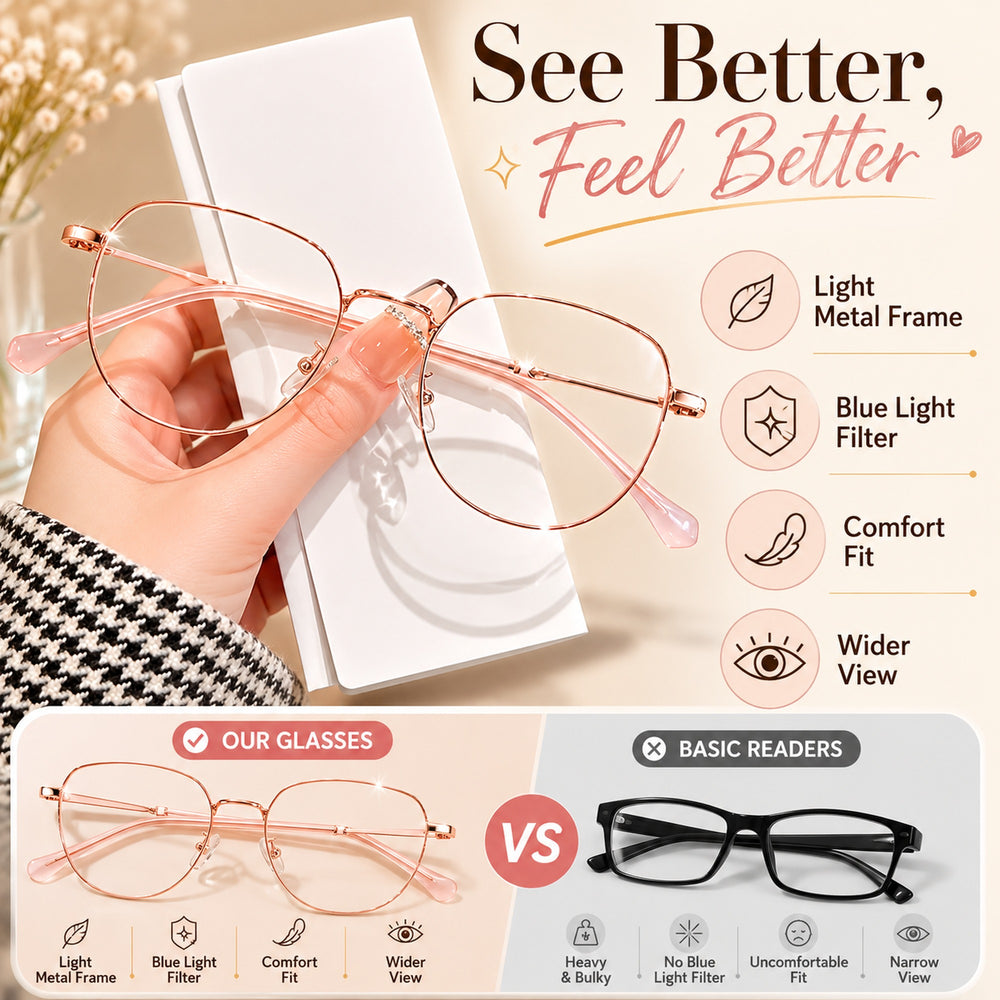 Margaux — Women's Blue Light Reading Glasses, Rose Gold