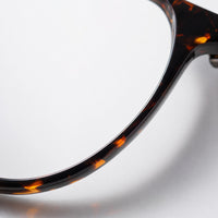 Close-up of the tortoiseshell rim and clear demonstration lens