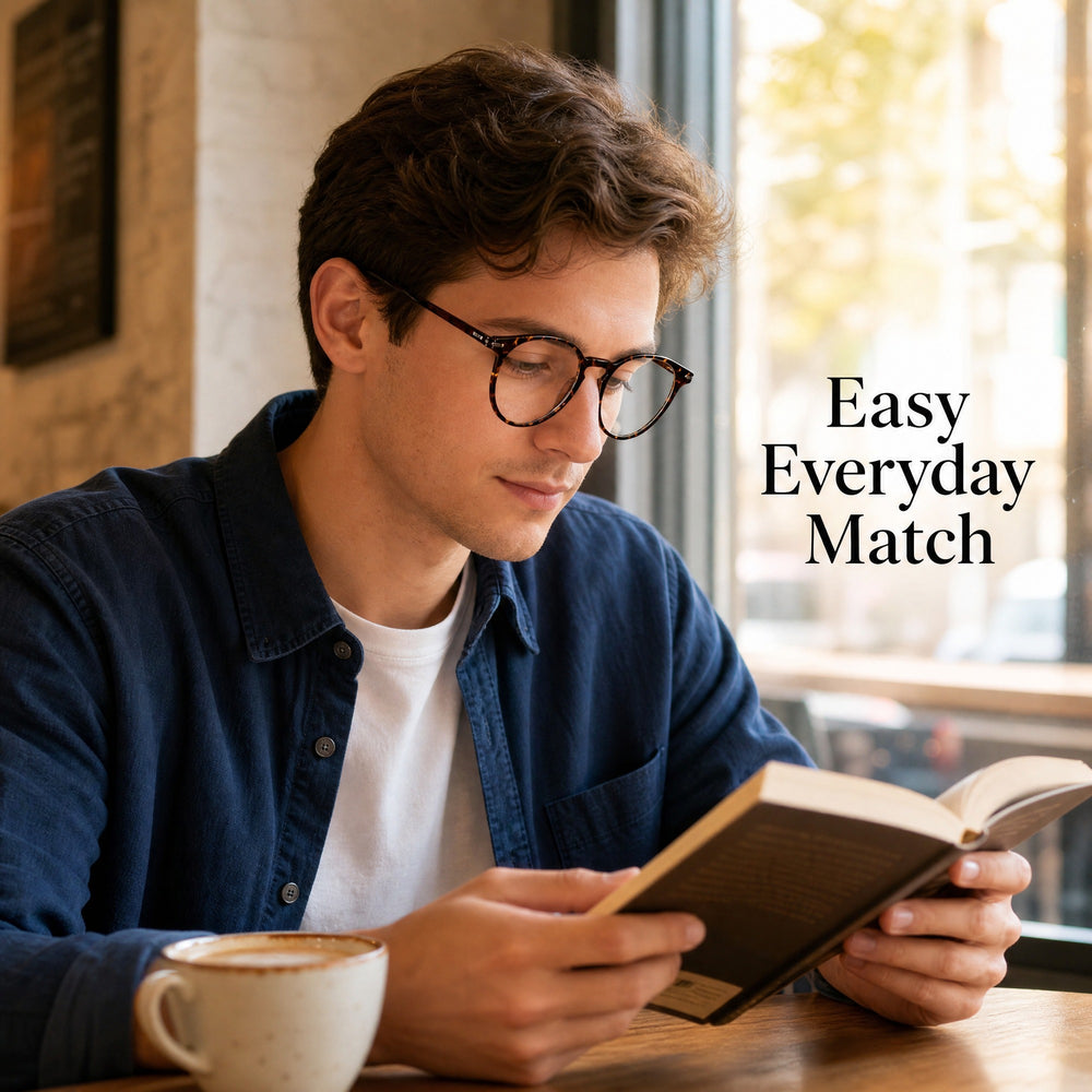 Man reading in round tortoiseshell optical frames