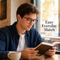 Man reading in round tortoiseshell optical frames
