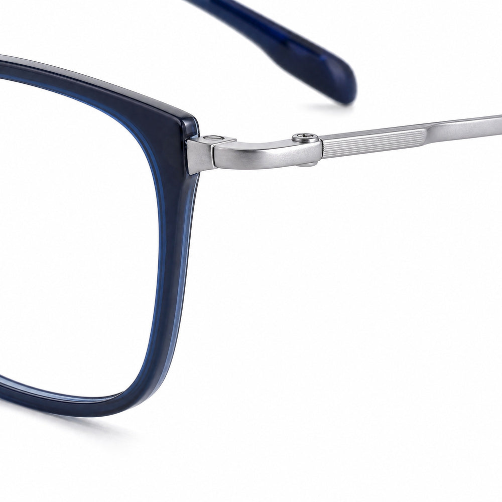 Henri eyewear, close-up of the frame, temple, and hinge construction