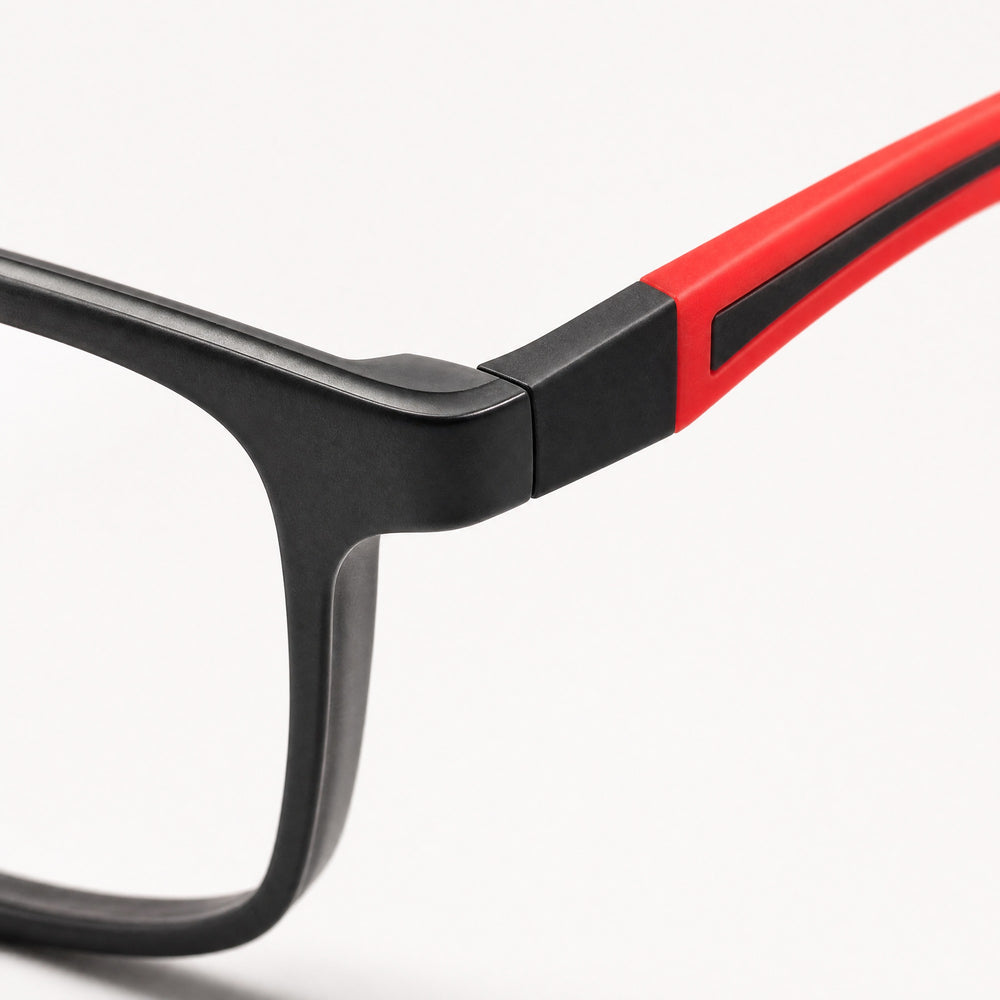 Philippe eyewear, close-up of the frame, temple, and hinge construction