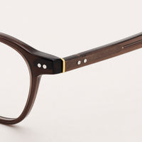 Victor eyewear, close-up of the frame, temple, and hinge construction