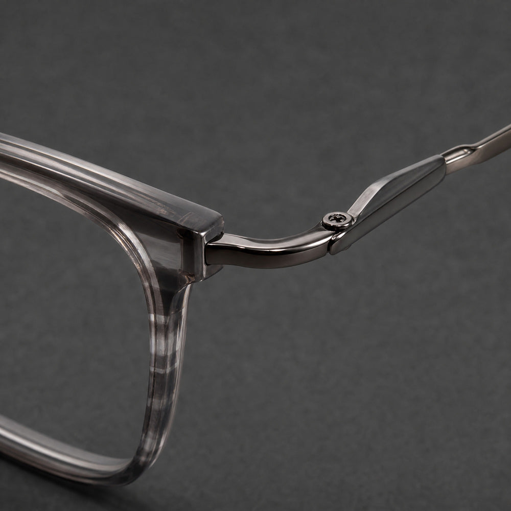 Gustave eyewear, close-up of the frame, temple, and hinge construction