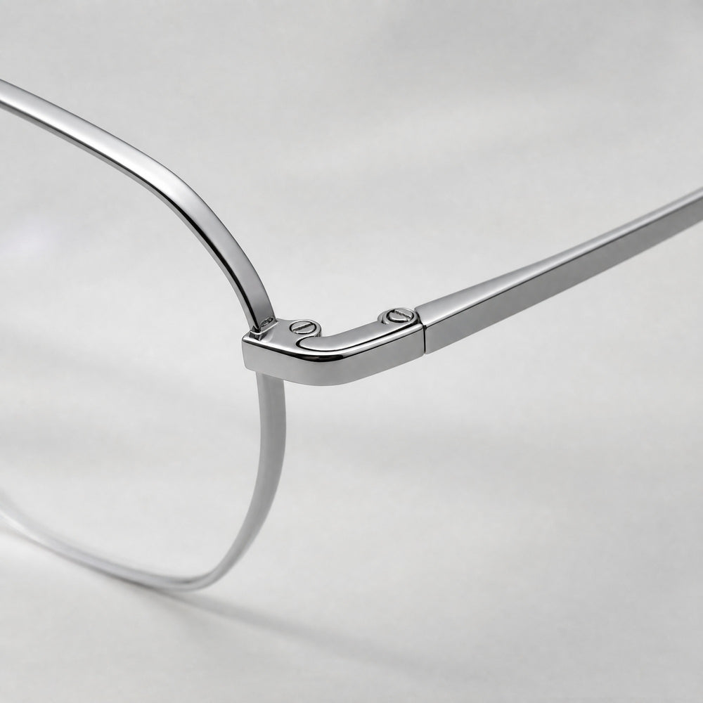 Adrien eyewear, close-up of the frame, temple, and hinge construction