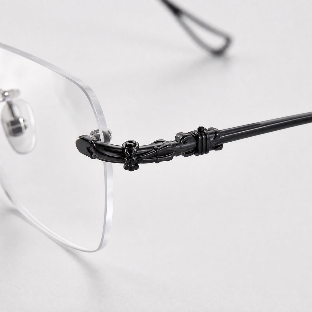 Anatole eyewear, close-up of the frame, temple, and hinge construction