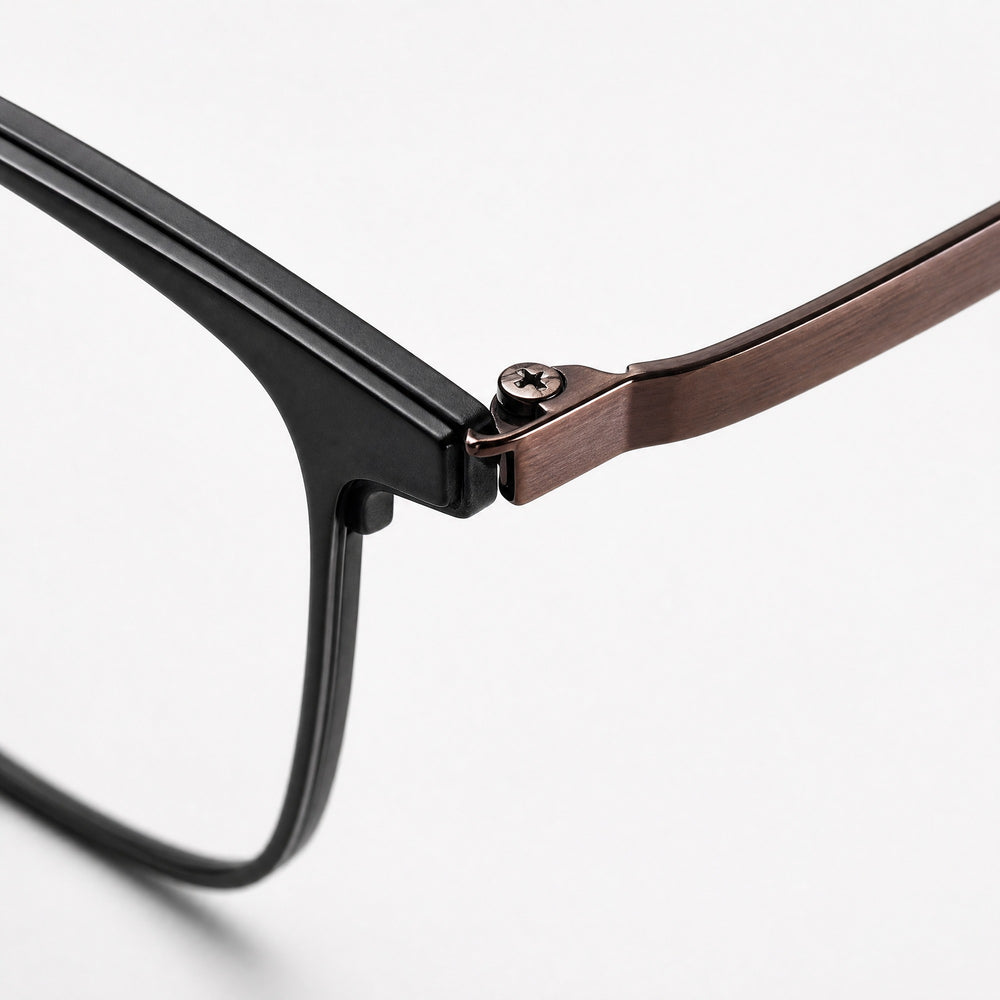 Alphonse eyewear, close-up of the frame, temple, and hinge construction