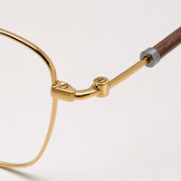 Auguste eyewear, close-up of the frame, temple, and hinge construction