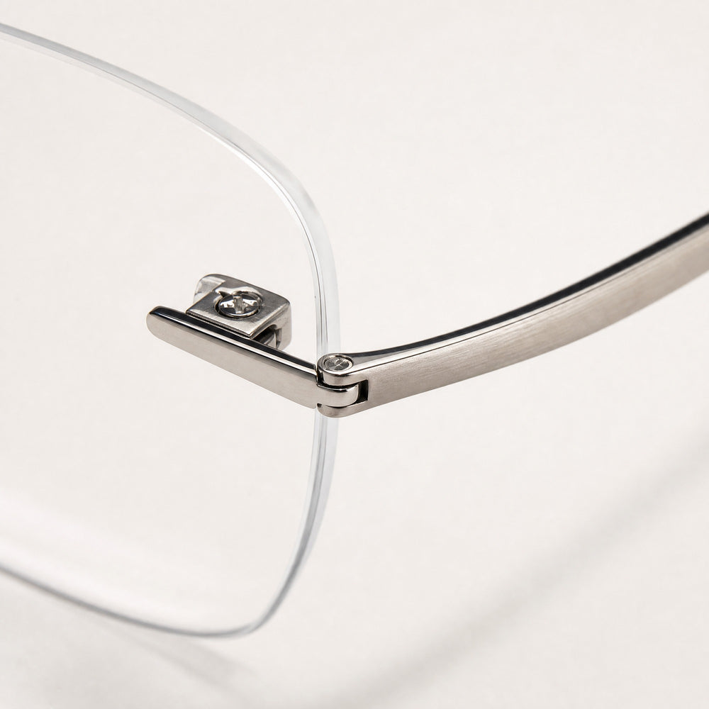 Jacques eyewear, close-up of the frame, temple, and hinge construction