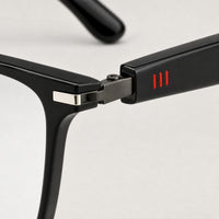 Sacha eyewear, close-up of the frame, temple, and hinge construction
