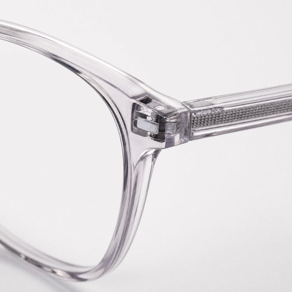 Raymond eyewear, close-up of the frame, temple, and hinge construction