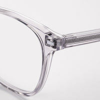 Raymond eyewear, close-up of the frame, temple, and hinge construction