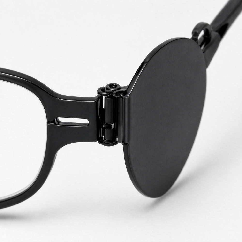 Milo eyewear, close-up of the frame, temple, and hinge construction