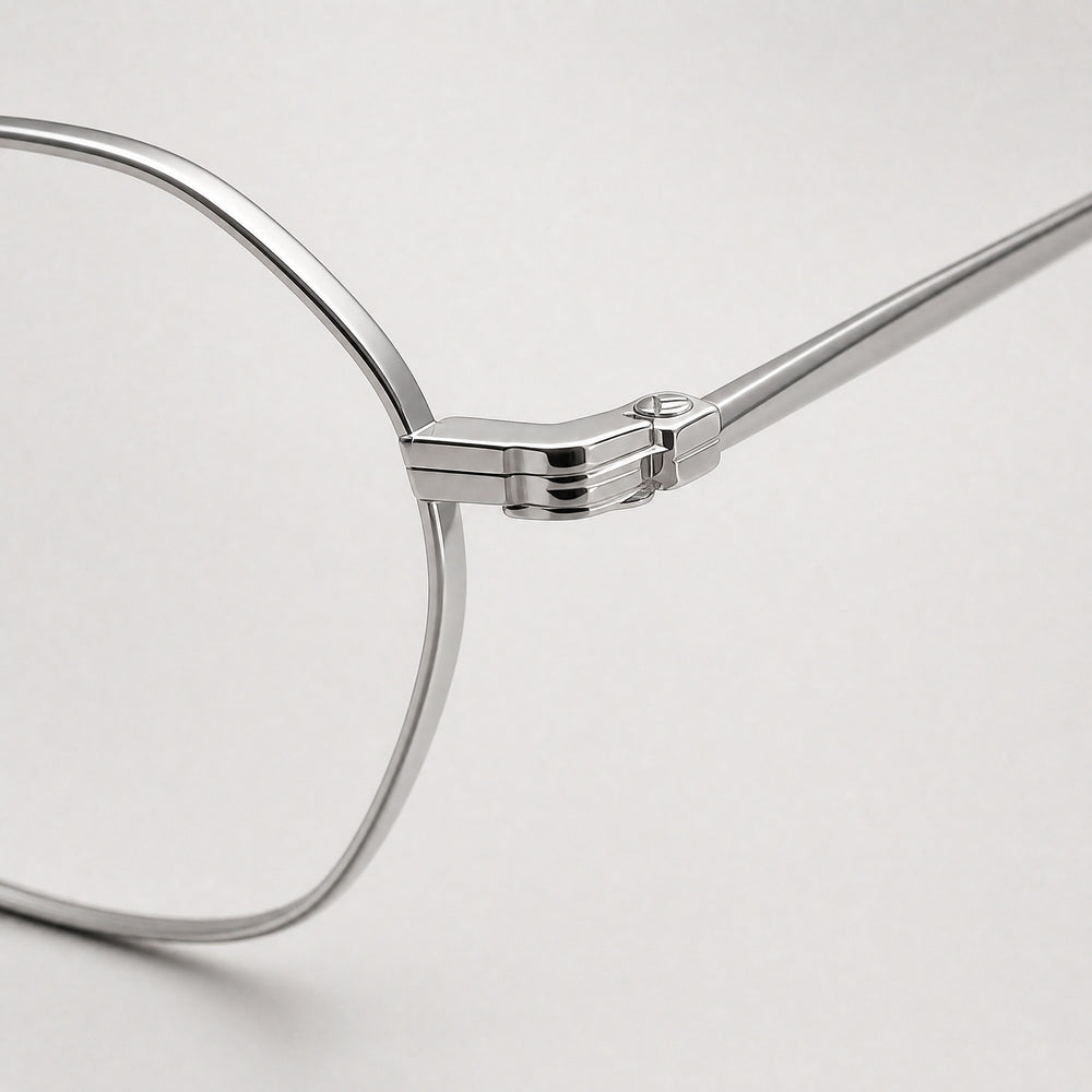 Lucien eyewear, close-up of the frame, temple, and hinge construction