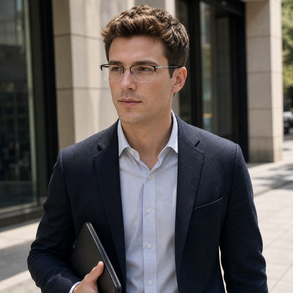 Aurélien eyewear, eyewear worn in an everyday lifestyle setting