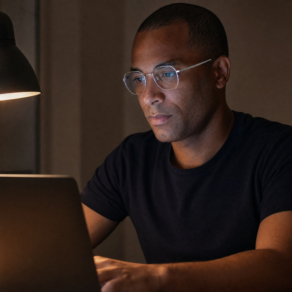 Simon eyewear, eyewear worn in a second everyday lifestyle setting