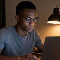 Damien eyewear, eyewear worn in a second everyday lifestyle setting