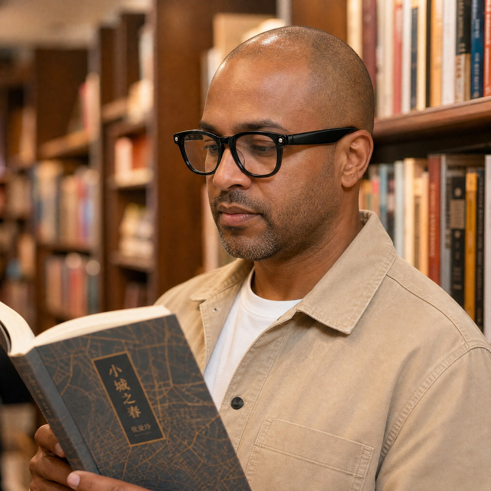 Michel eyewear, eyewear worn in a second everyday lifestyle setting