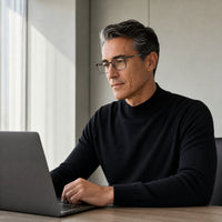 Damien eyewear, eyewear worn in a third everyday lifestyle setting