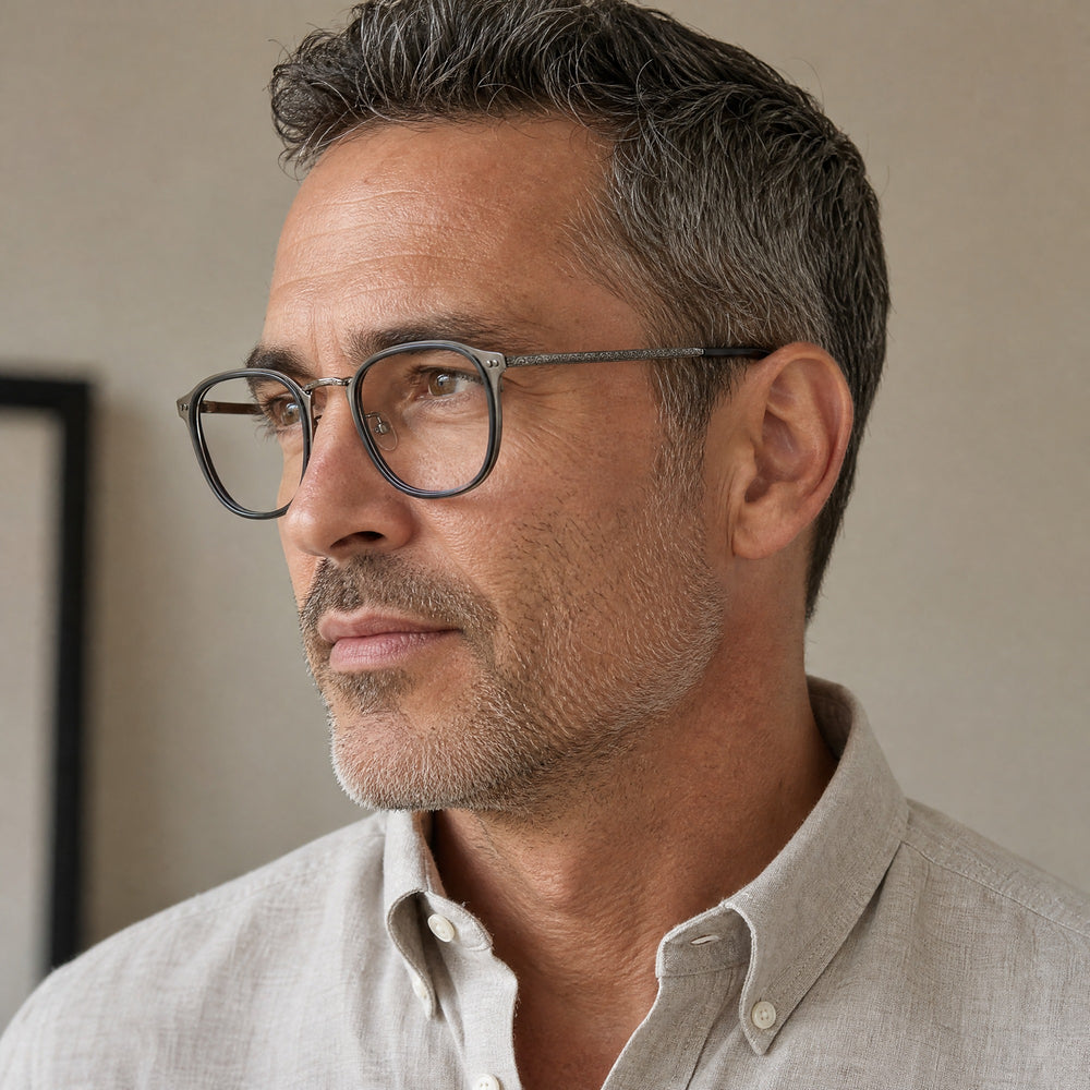 Jules eyewear, three-quarter side view showing the temple and hinge
