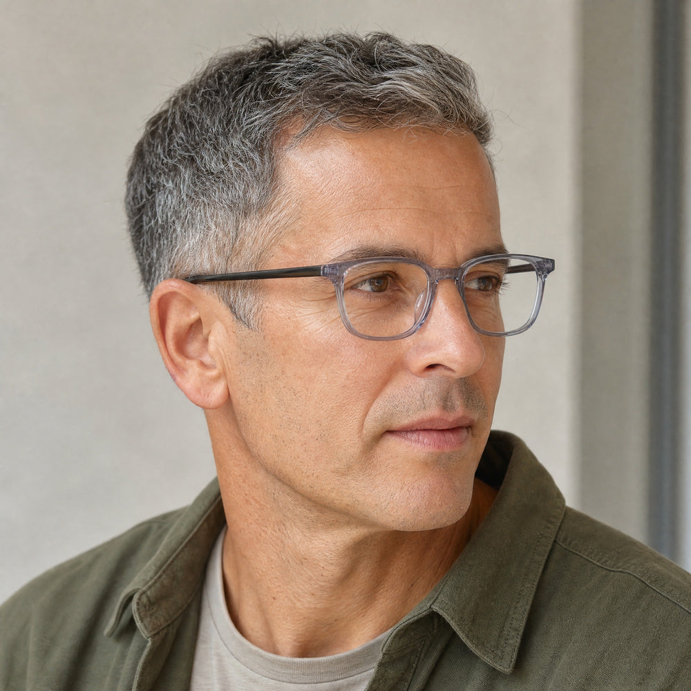 Bastien eyewear, three-quarter side view showing the temple and hinge