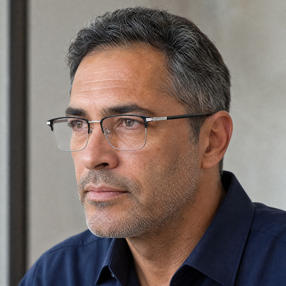 Aurélien eyewear, three-quarter side view showing the temple and hinge